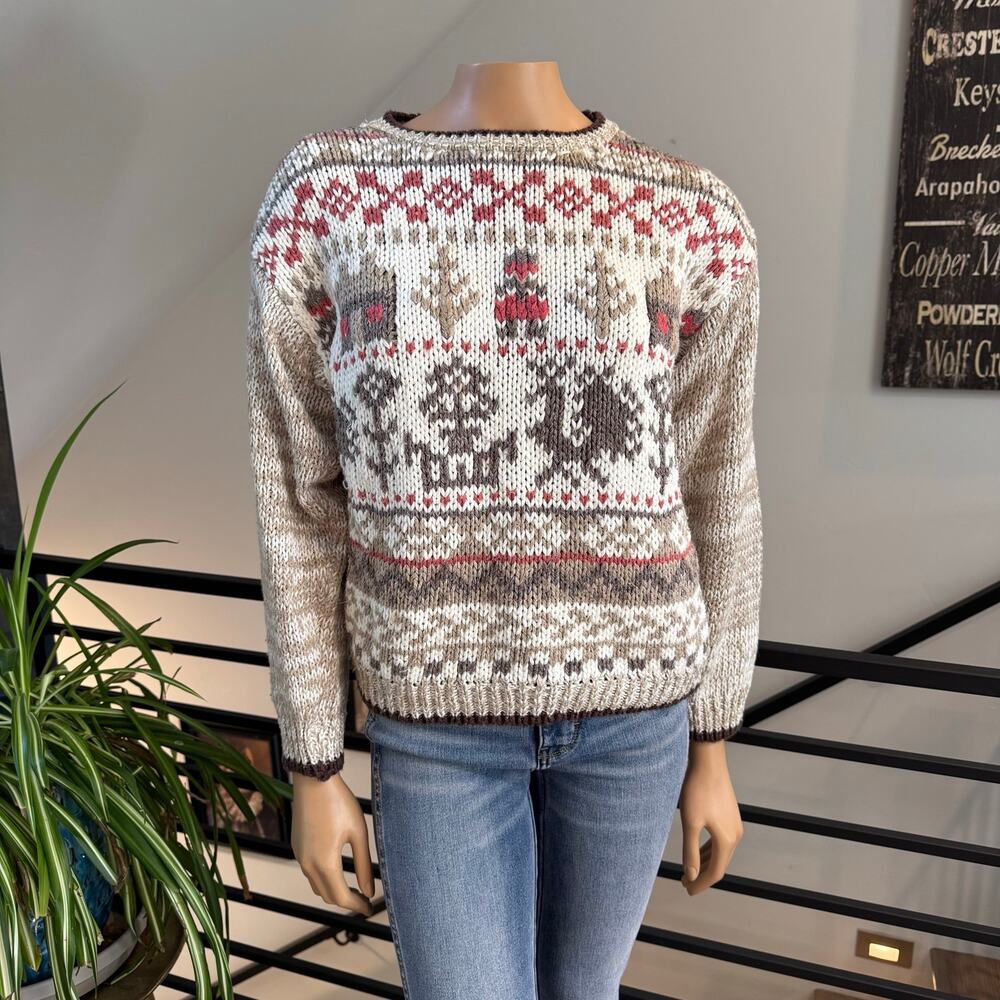 VTG Jamie Scott Hand Knit Sweater Medium Fair Isle Folk Rooster Cottagecore M